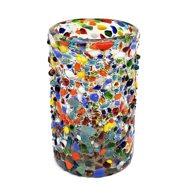 Vasos de Vidrio Soplado / Juego de 6 vasos grandes 'Confeti granizado' / Deje entrar a la primavera en su casa con ste colorido juego de vasos. El decorado con vidrio multicolor los hace resaltar en cualquier lugar.